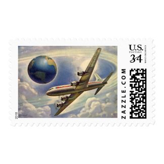 Vintage Airplane Flying Around the World in Clouds Postage Stamps
