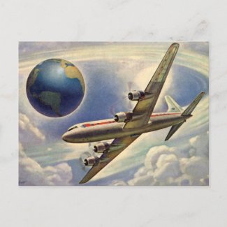 Vintage Airplane Flying Around the World in Clouds Postcards