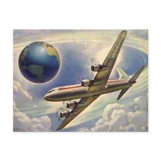 Vintage Airplane Flying Around the World in Clouds Postcards