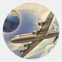 Vintage Airplane Flying Around the World in Clouds Stickers