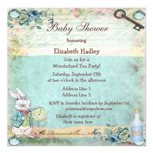 Vintage Alice in Wonderland Baby Shower Tea Party Personalized Announcements