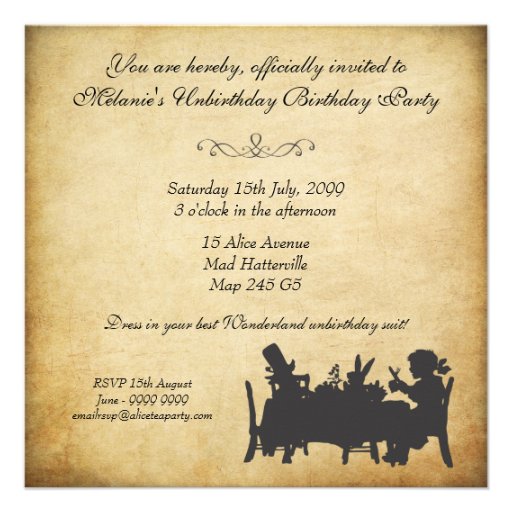 Vintage Alice in Wonderland Tea Party Birthday Invitations