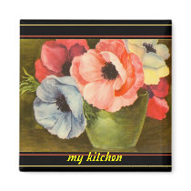 Vintage Anemones in Green Vase Fridge Magnet