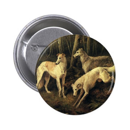 Vintage Animals, Greyhound Dogs in the Forest Button