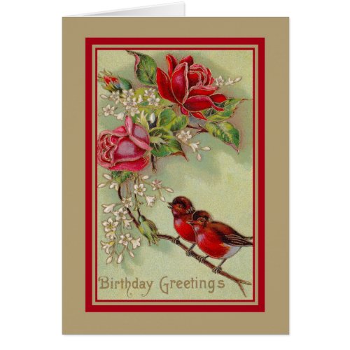 vintage birthday card with robins and roses