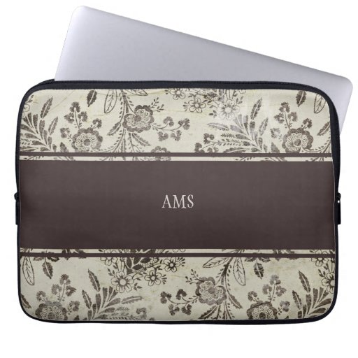Vintage Antique Floral Custom Monogram Brown Laptop Sleeves