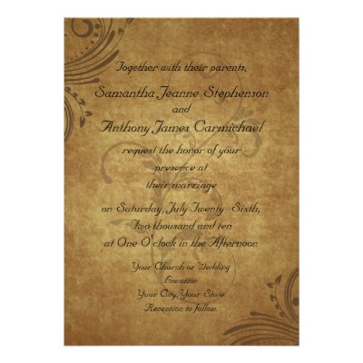 Vintage Antique Teastain Swirl Wedding Custom Invitations