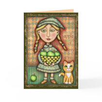 Vintage Apple Girl & Cat Art Greeting Card