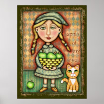 Vintage Apple Girl & Cat Art Poster