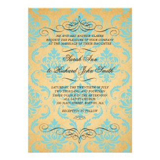 Tiffany Blue Gold Wedding Invitations | Vintage Damask