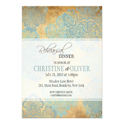 Vintage Aqua Damask Rehearsal Dinner Invitation