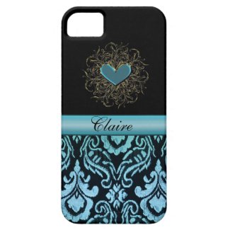 Vintage Aqua Damask with Heart Personalized Case
