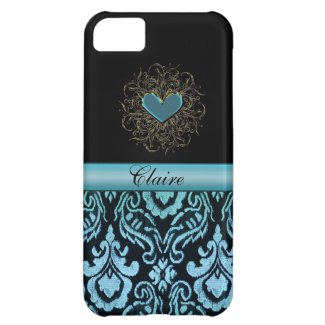 Vintage Aqua Damask with Heart Personalized Case iPhone 5C Case