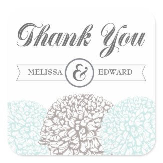 Vintage Aqua Zinnia Flowers Thank You Stickers