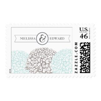 Vintage Aqua Zinnia Flowers Wedding Monogram Stamp