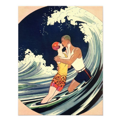 Vintage Art Deco Love Romantic Kiss Beach Wave Personalized Announcements