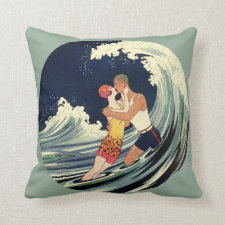 Vintage Art Deco Love Romantic Kiss Beach Wave Pillows