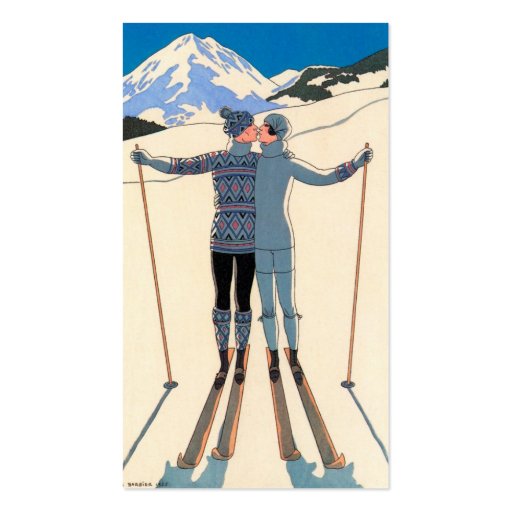 Vintage Art Deco Love Romantic Kiss on Skis Snow Business Cards (back side)
