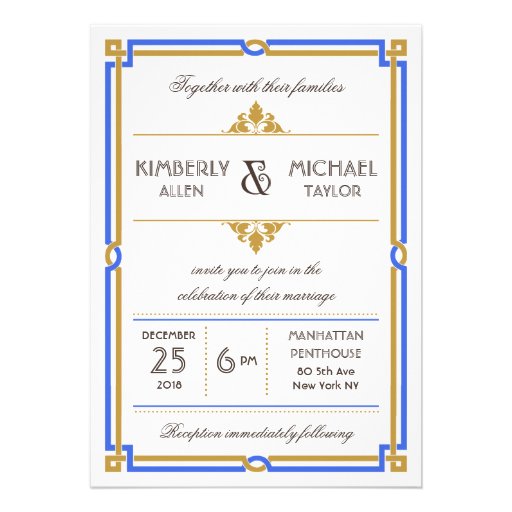 Vintage Art Deco Sapphire Blue & Gold Wedding Custom Invitation