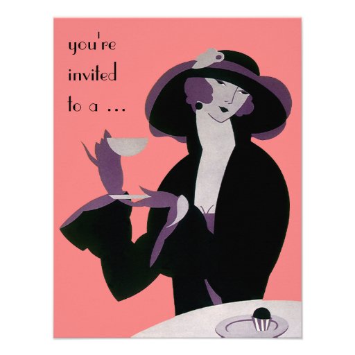 Vintage Art Deco Woman, Afternoon Tea and Cupcake Personalized Invitations