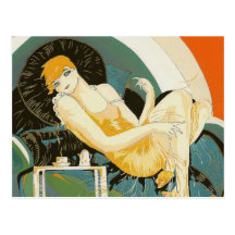 Vintage Art Deco Woman Reclining on Couch, Chompre Postcards