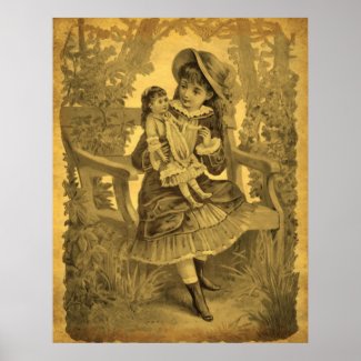 Vintage Art Girl With Doll Aged Poster
