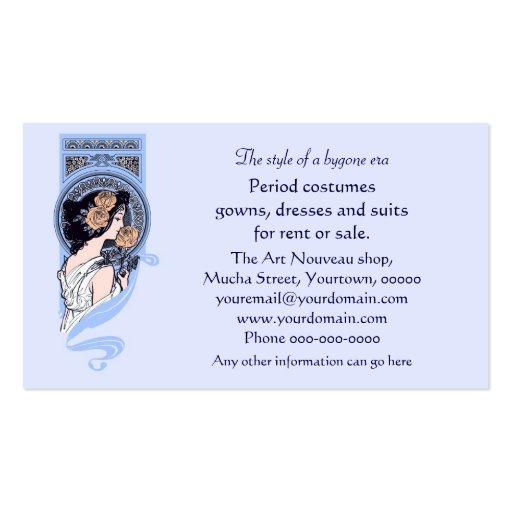 Vintage art nouveau period dress business card (back side)