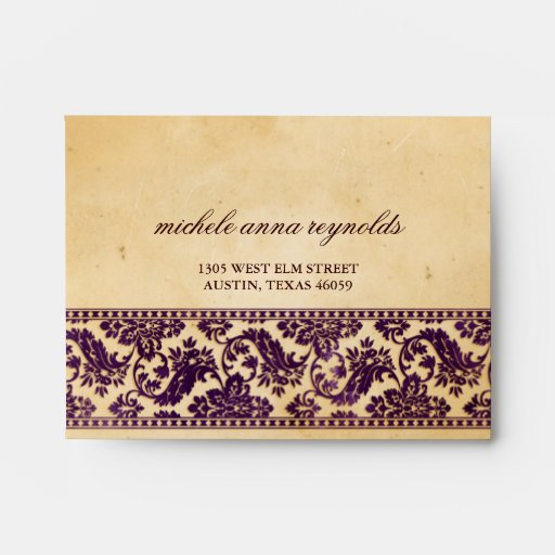 Vintage Aubergine Damask Lace Printed Wedding Envelope