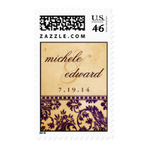 Vintage Aubergine Damask Lace Wedding Logo Postage Stamps