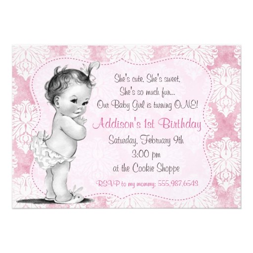 Vintage Baby Girl Chic Damask Birthday Invitation (front side)