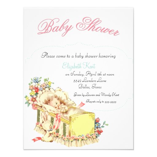 Vintage Baby Shower Baby inside Crib and Flowers Personalized Announcement