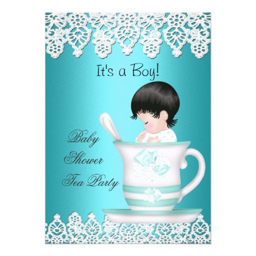 Vintage Baby Shower Boy Teal Baby Teacup lace Personalized Invite