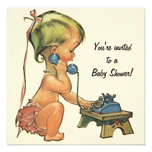 Vintage Baby Shower, Cute Girl Talking on Phone Invite