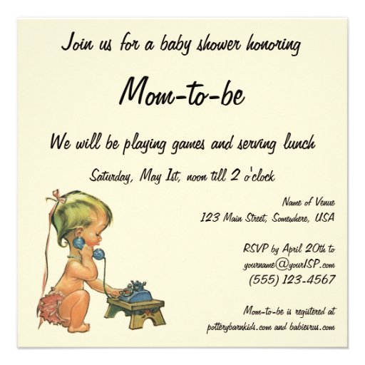 Vintage Baby Shower, Cute Girl Talking on Phone Personalized Invitation
