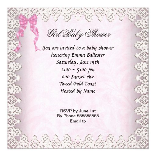 Vintage Baby Shower Girl Pink Lace Cute Kitten Custom Invites