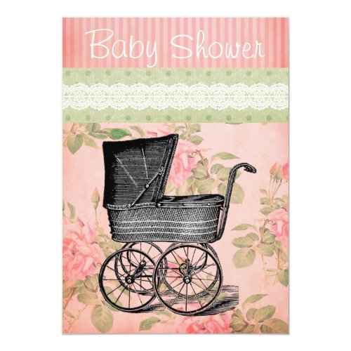 Vintage Baby Shower Invitation Carriage Floral