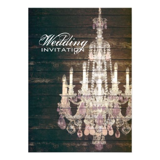 vintage barnwood purple chandelier wedding invite (front side)