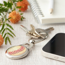 baseball, sport, funny, vintage, cool, geek, game, coach, metal keychain, rustic americana, americana, retro, leather, league, lace, red, cover, keychain, [[missing key: type_photousa_keychai]] com design gráfico personalizado
