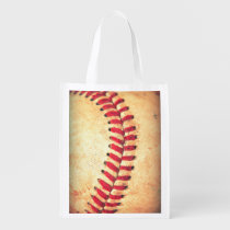 baseball, vintage, funny, sport, cool, game, pattern, retro, rustic, bag, geek, americana, leather, league, lace, red, reusable, grocery, [[missing key: type_reusableba]] with custom graphic design