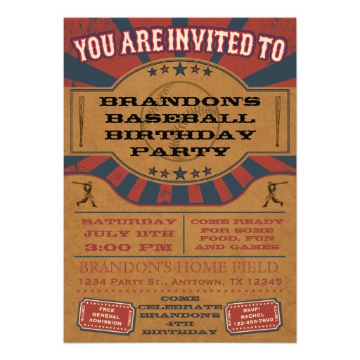 Vintage Baseball Birthday Party Invitation (front side)
