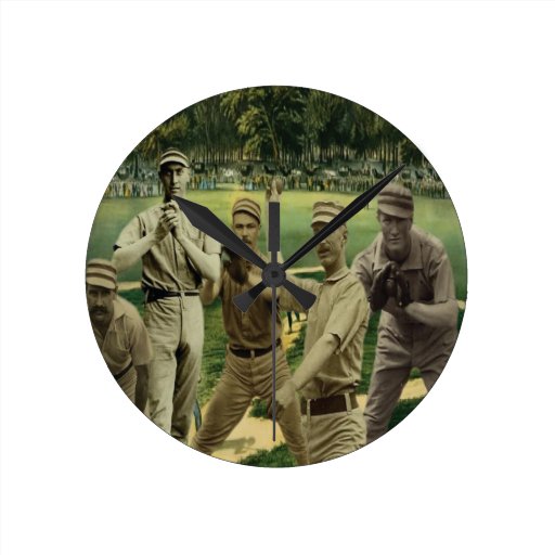 Vintage Baseball Players on a field of green Round Wall Clock