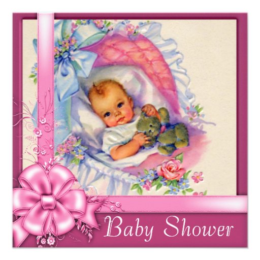 Vintage Bassinet Pink Roses Baby Girl Shower Invite