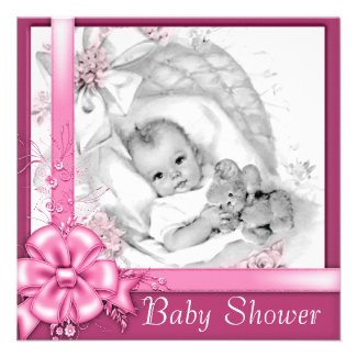 Vintage Bassinet Pink Roses Baby Girl Shower Personalized Invitations