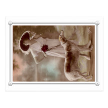 Vintage Beautiful woman and dog postcard