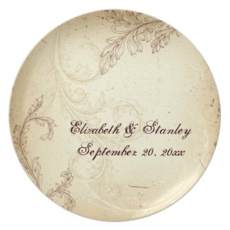 Vintage beige brown scroll leaf wedding keepsake plate