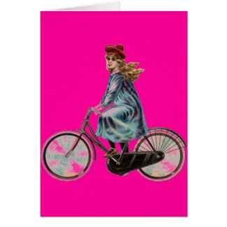 Vintage Bicycle girl in neon pink Greeting Card