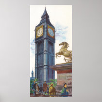 Vintage Big Ben Clock Tower Horse Statue, London Print
