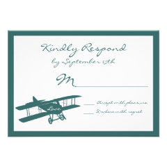 Vintage Biplane Aviator Blue Wedding RSVP Cards