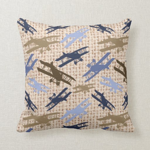 Vintage Biplane Burlap Print Airplane Pattern Throw Pillows Zazzle