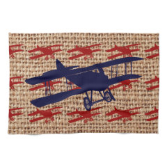 Vintage Biplane Propeller Airplane on Burlap Print Kitchen Towels